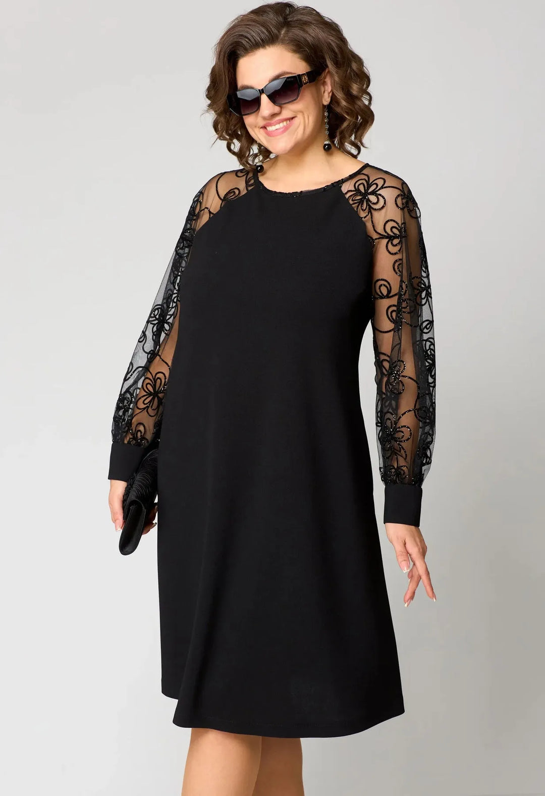 Women's Plus Size Long Sleeve Midi Wedding Guest Dress with Lace