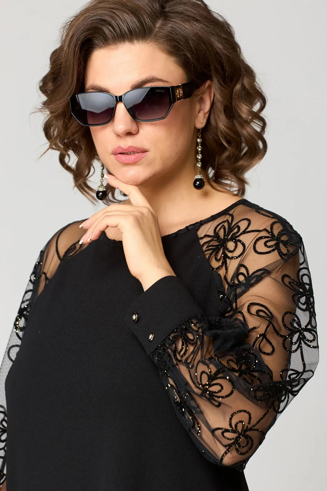 Women's Plus Size Long Sleeve Midi Wedding Guest Dress with Lace
