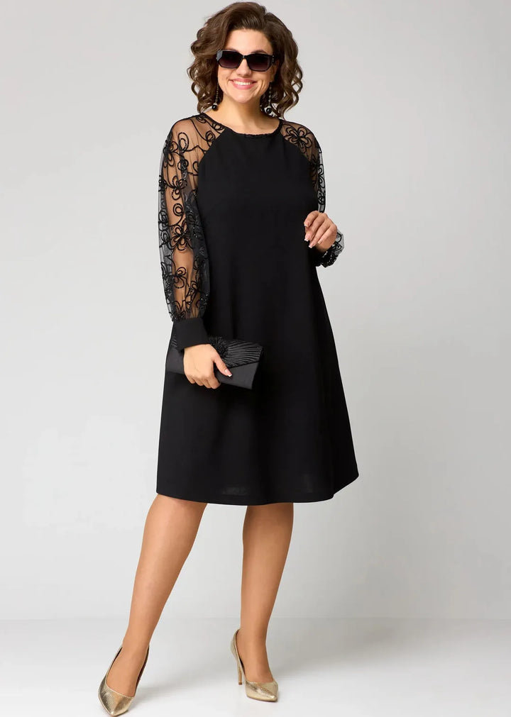 Women's Plus Size Long Sleeve Midi Wedding Guest Dress with Lace