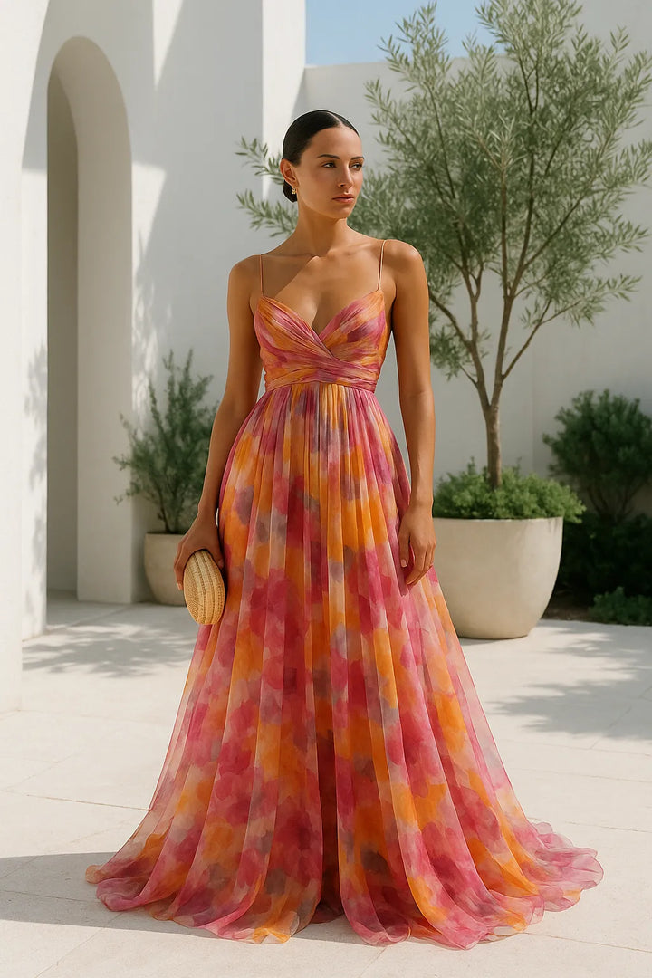 Women's Ruched Flowy Maxi Wedding Guest Dress with V-Neck
