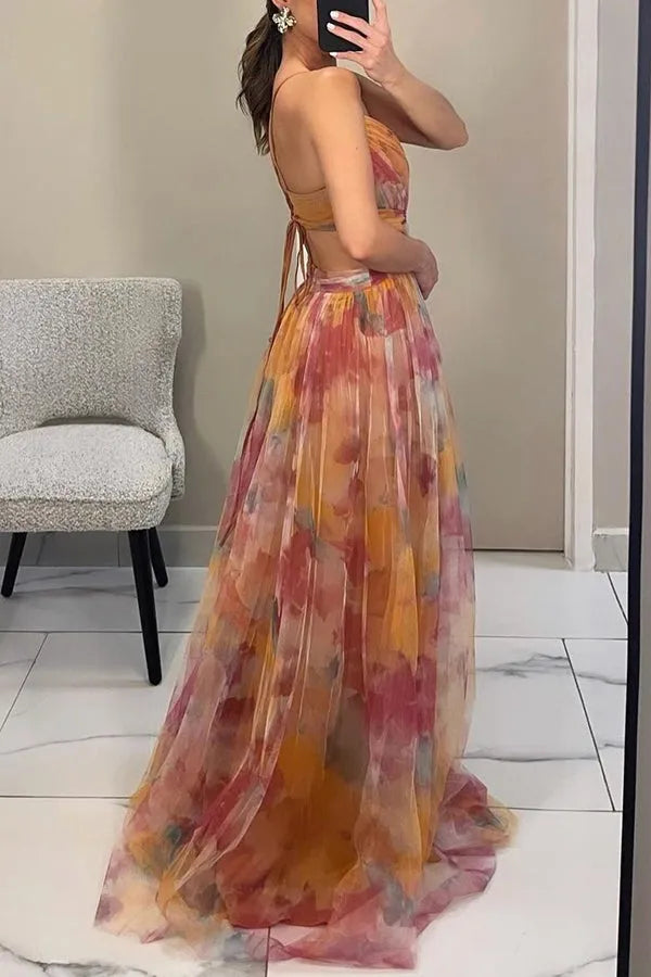 Women's Ruched Flowy Maxi Wedding Guest Dress with V-Neck