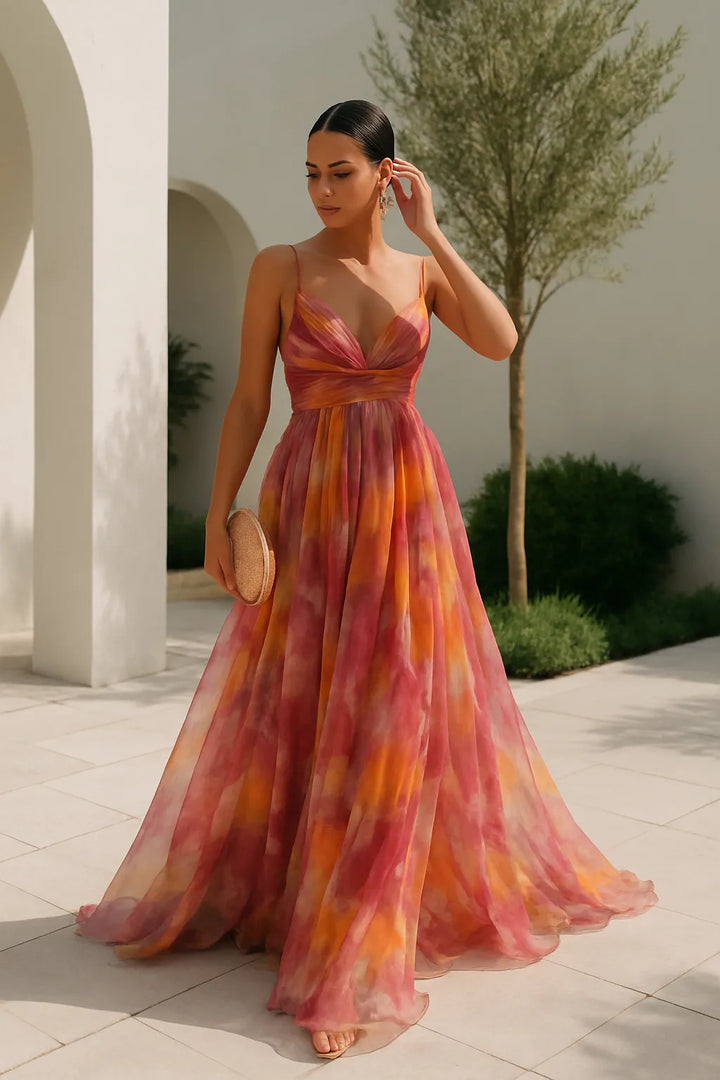 Women's Ruched Flowy Maxi Wedding Guest Dress with V-Neck