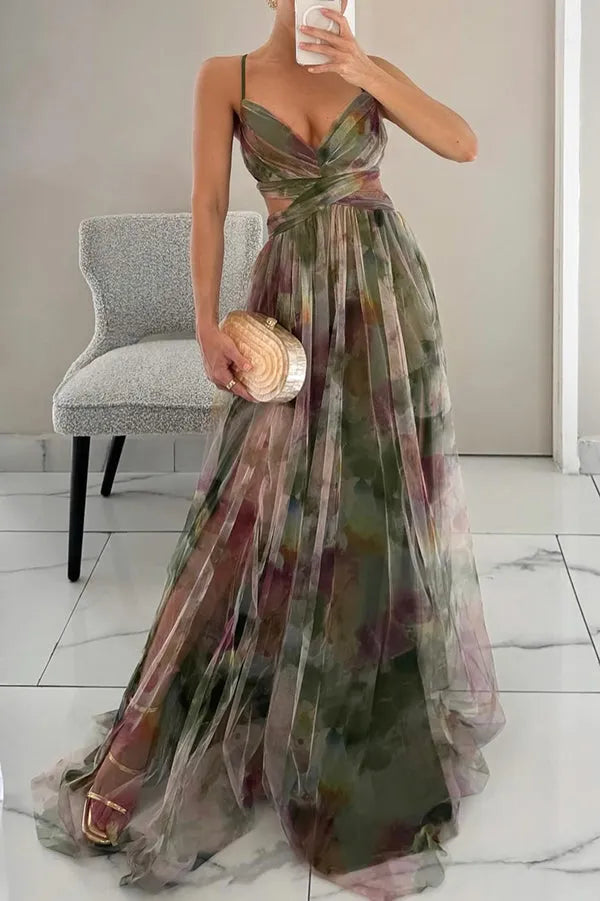 Women's Ruched Flowy Maxi Wedding Guest Dress with V-Neck