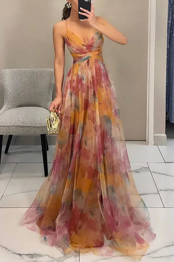 Women's Ruched Flowy Maxi Wedding Guest Dress with V-Neck