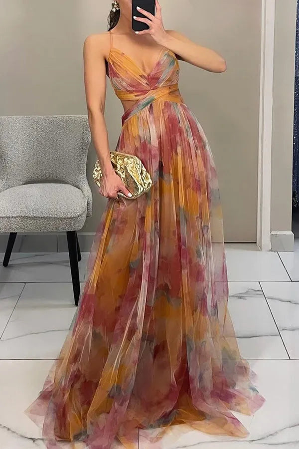 Women's Ruched Flowy Maxi Wedding Guest Dress with V-Neck