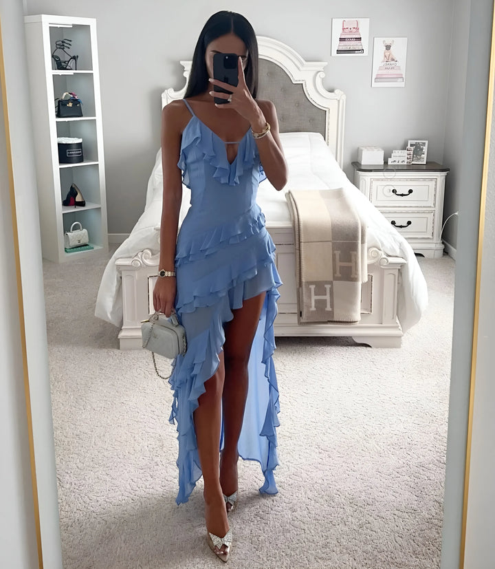 Women's Ruffle Elegant Maxi Wedding Guest Dress with V-Neck