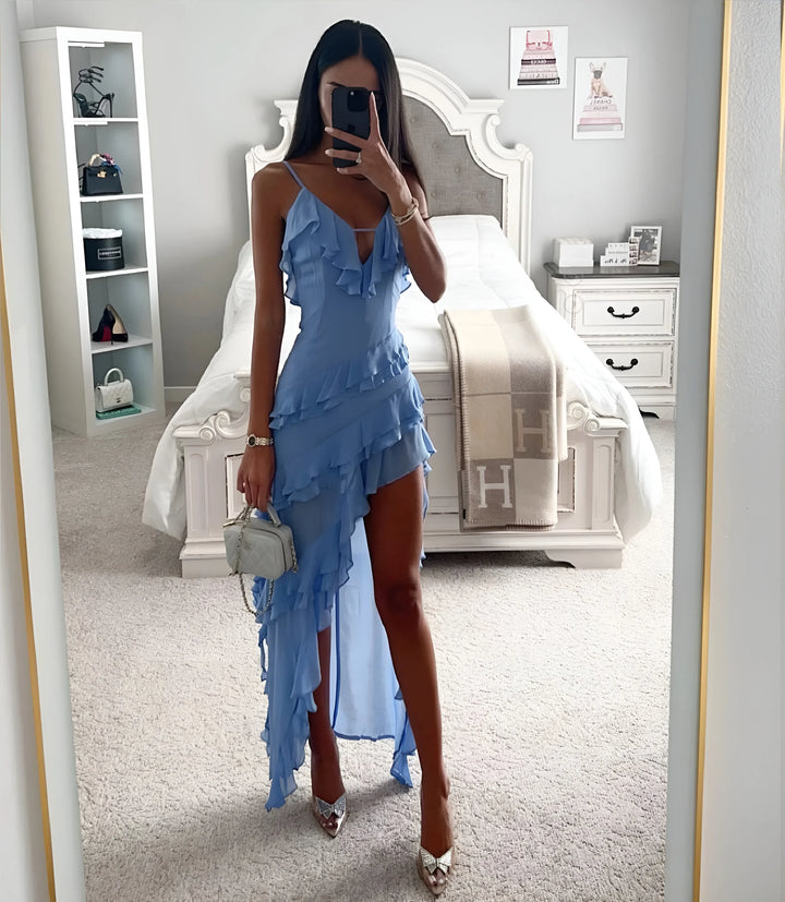 Women's Ruffle Elegant Maxi Wedding Guest Dress with V-Neck