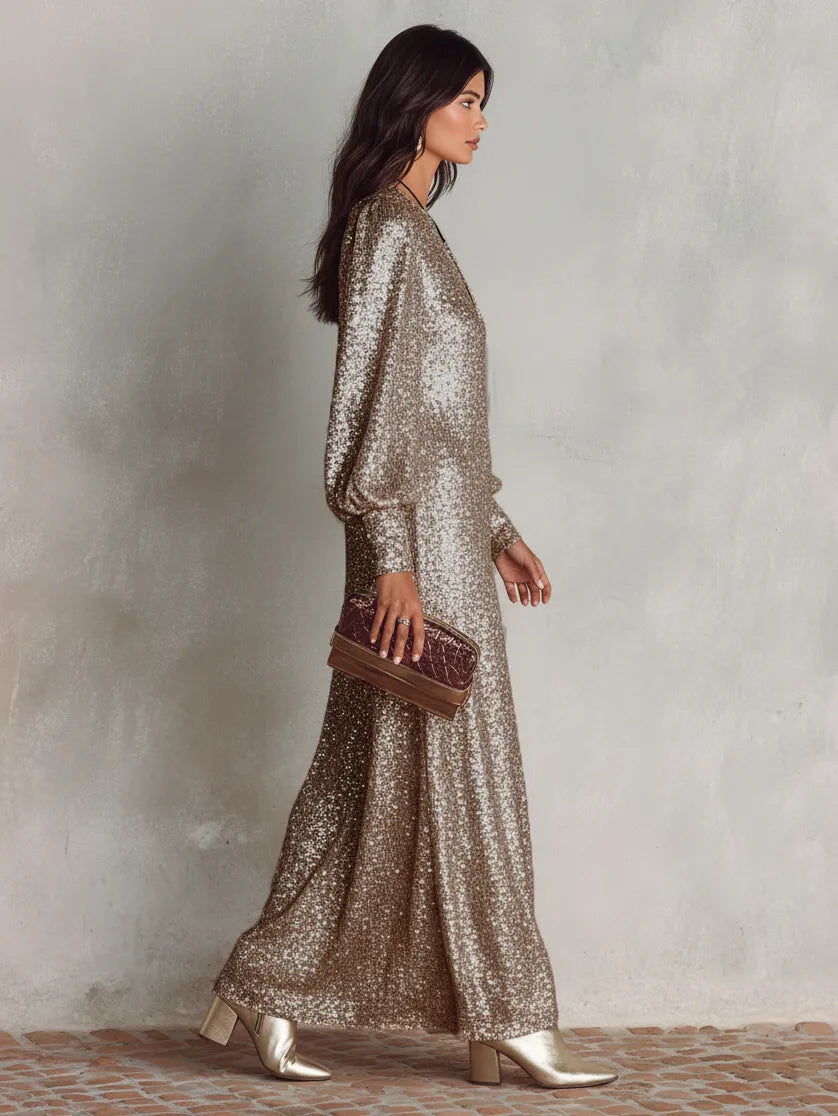 Women's Sequin Elegant Maxi Cocktail Dress with V-Neck