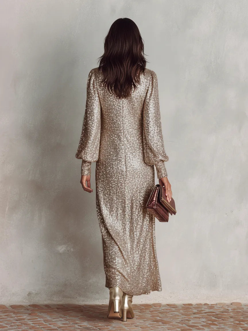 Women's Sequin Elegant Maxi Cocktail Dress with V-Neck