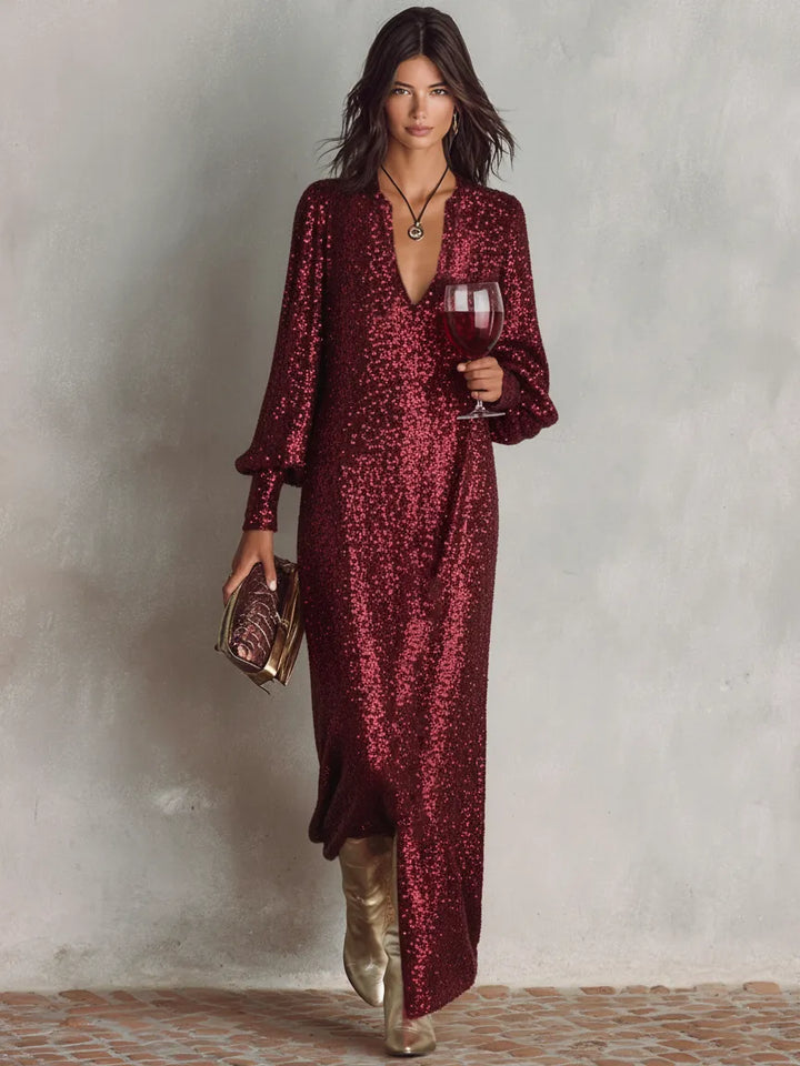 Women's Sequin Elegant Maxi Cocktail Dress with V-Neck