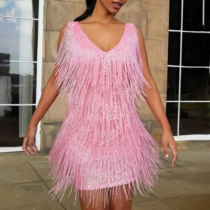 Women's Sequin Elegant Mini Cocktail Dress with V-Neck and Fringe