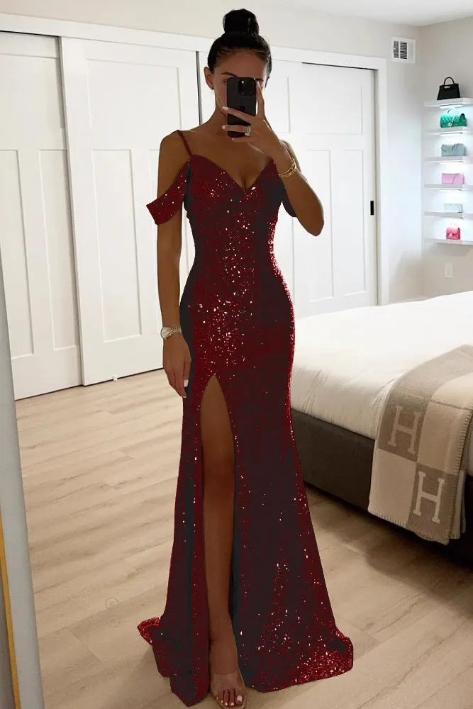 Women's Sequin Formal Maxi Wedding Guest Dress with Slit
