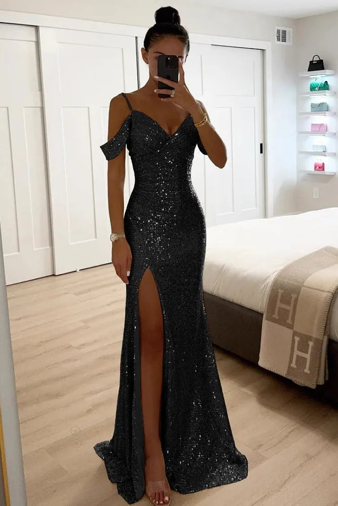 Women's Sequin Formal Maxi Wedding Guest Dress with Slit