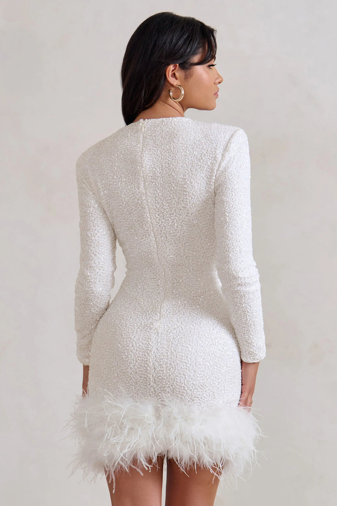 Women's Sequin Long Sleeve Mini Cocktail Dress with Feather Hem