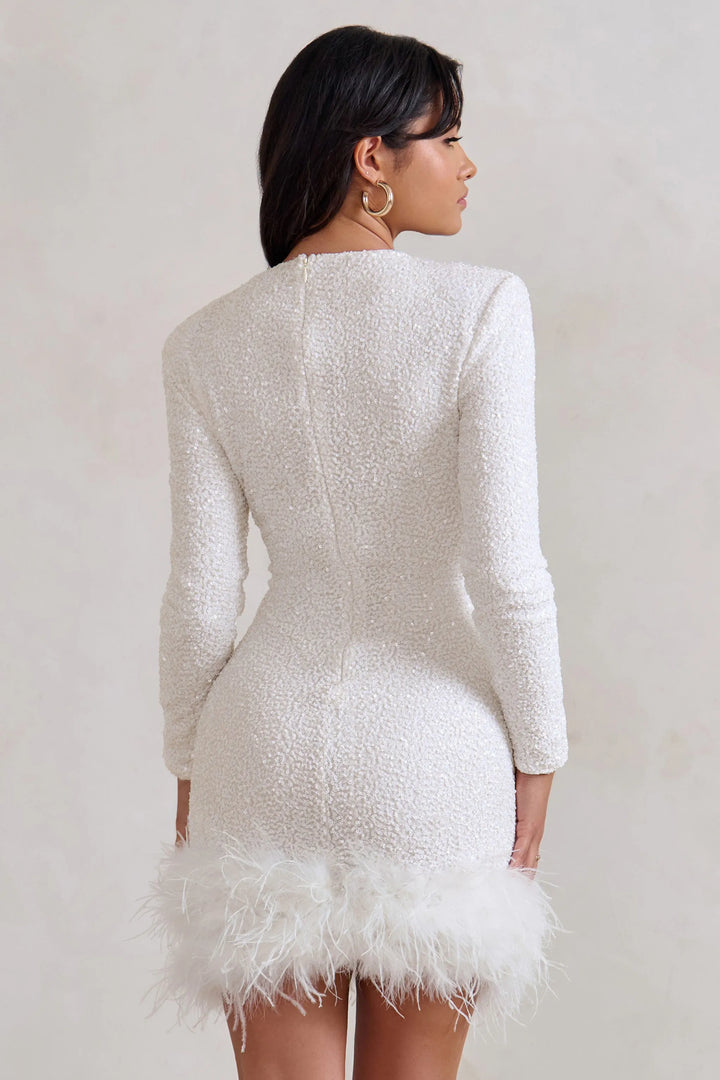 Women's Sequin Long Sleeve Mini Cocktail Dress with Feather Hem