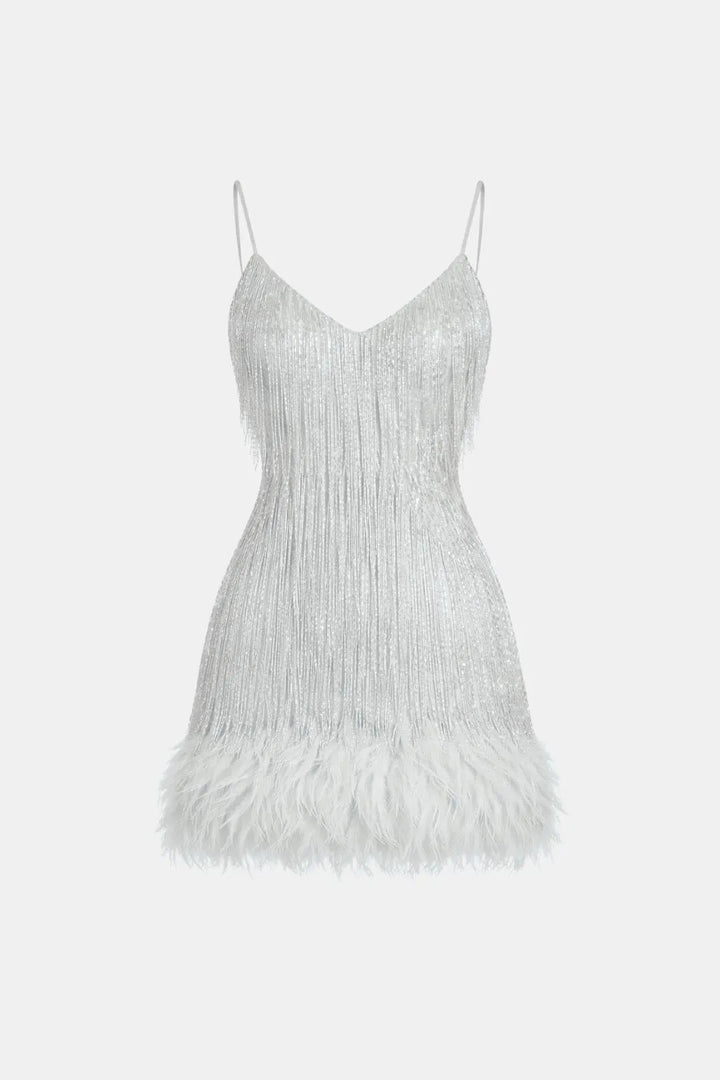 Women's Sequin Mini Cocktail Dress with Feather Trim