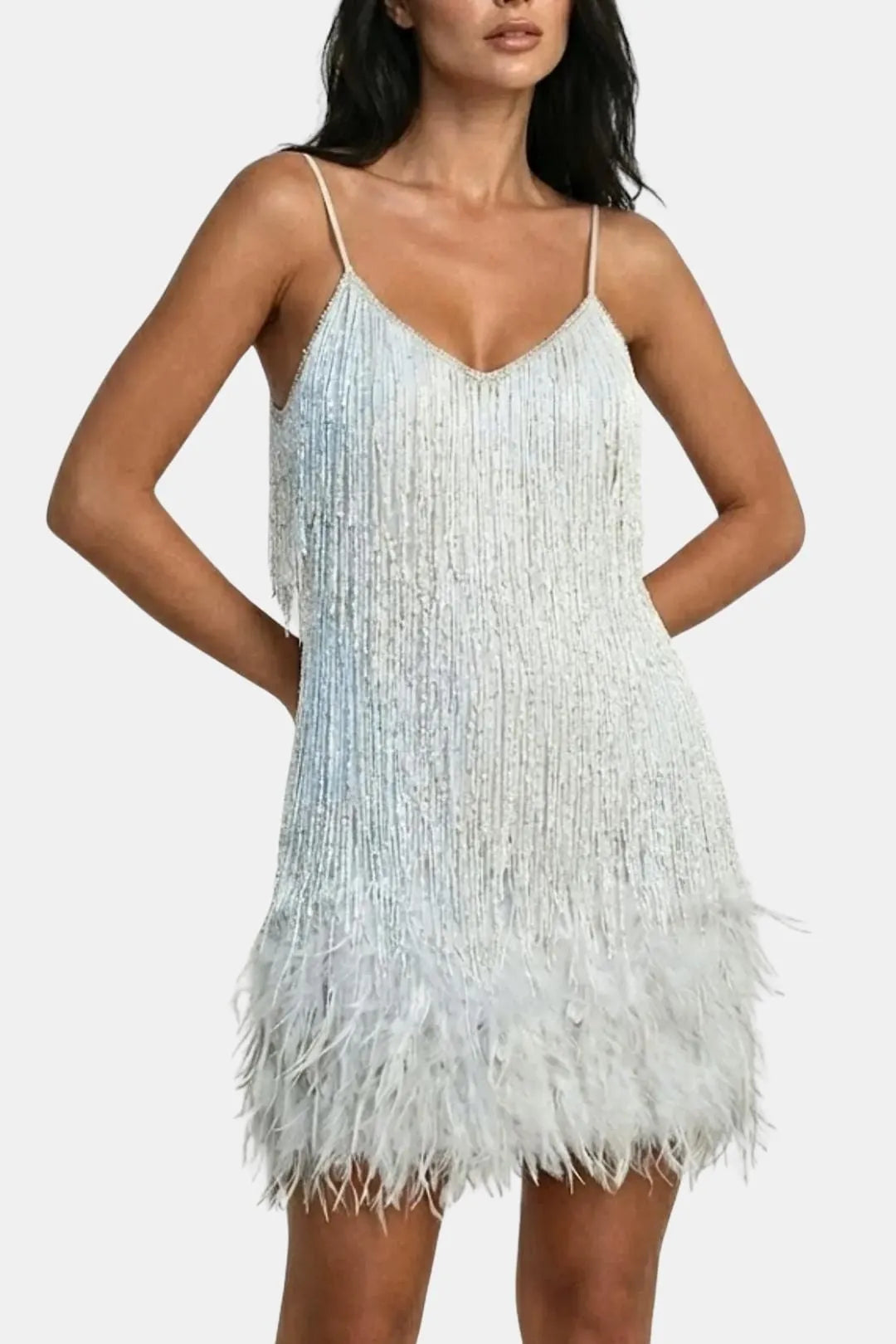 Women's Sequin Mini Cocktail Dress with Feather Trim