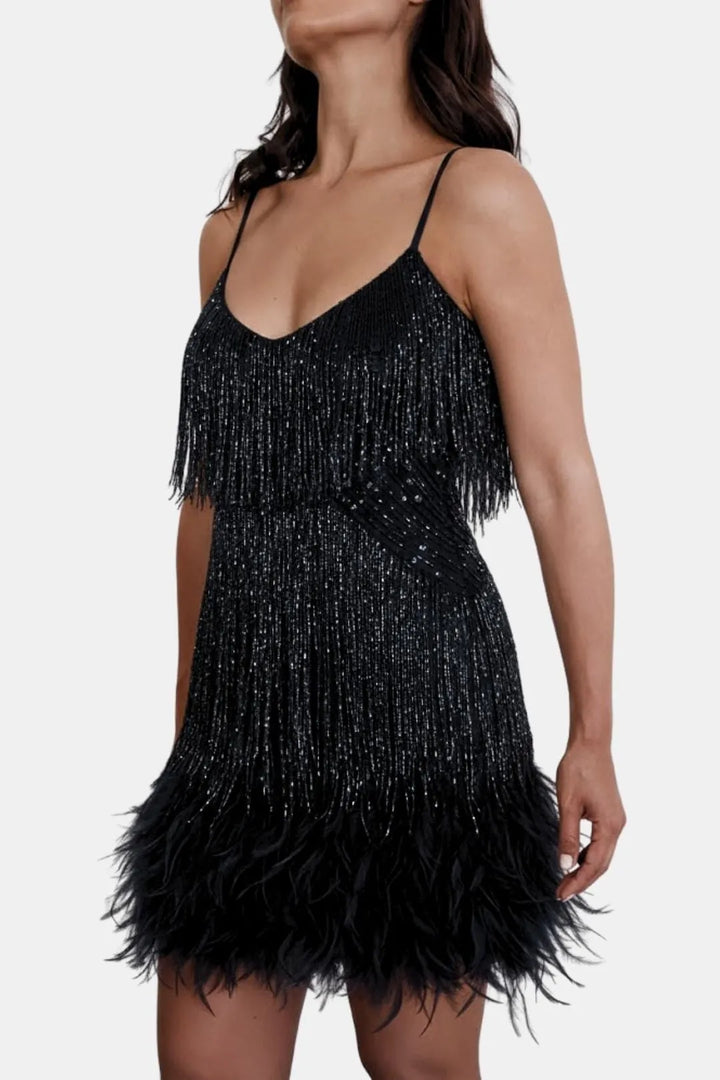 Women's Sequin Mini Cocktail Dress with Feather Trim