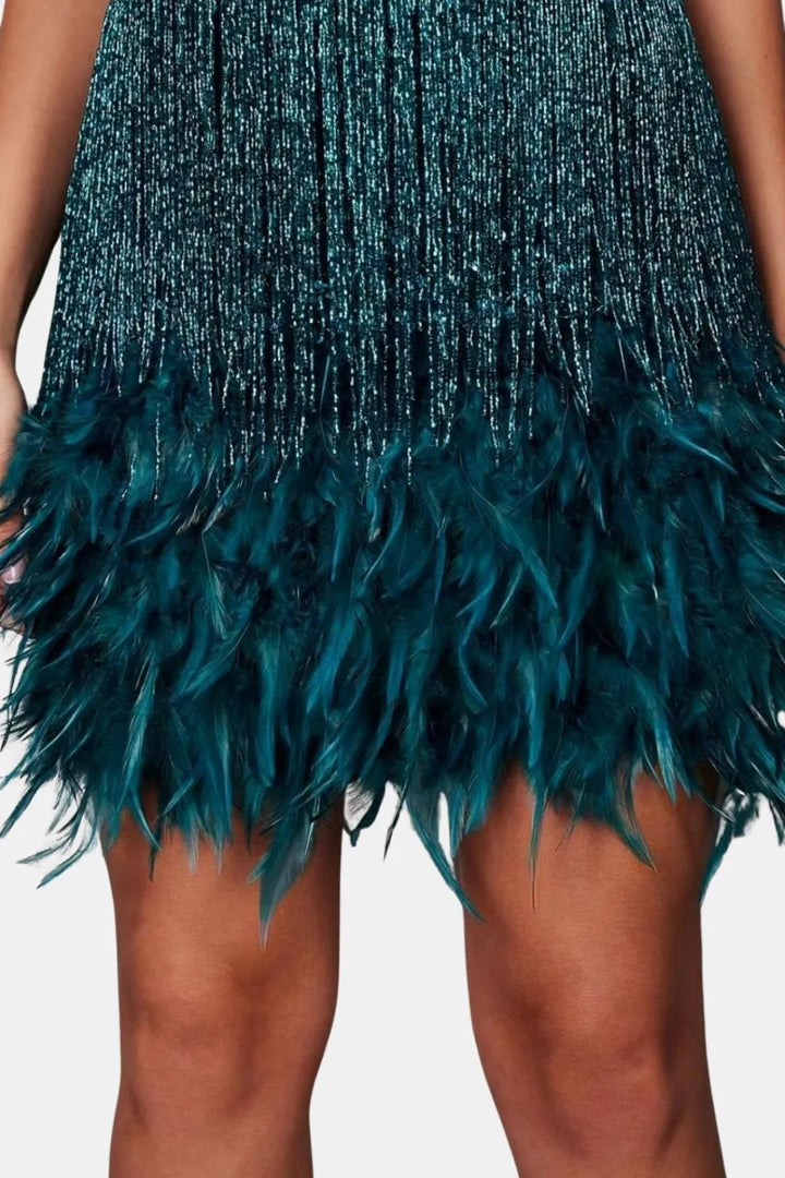 Women's Sequin Mini Cocktail Dress with Feather Trim