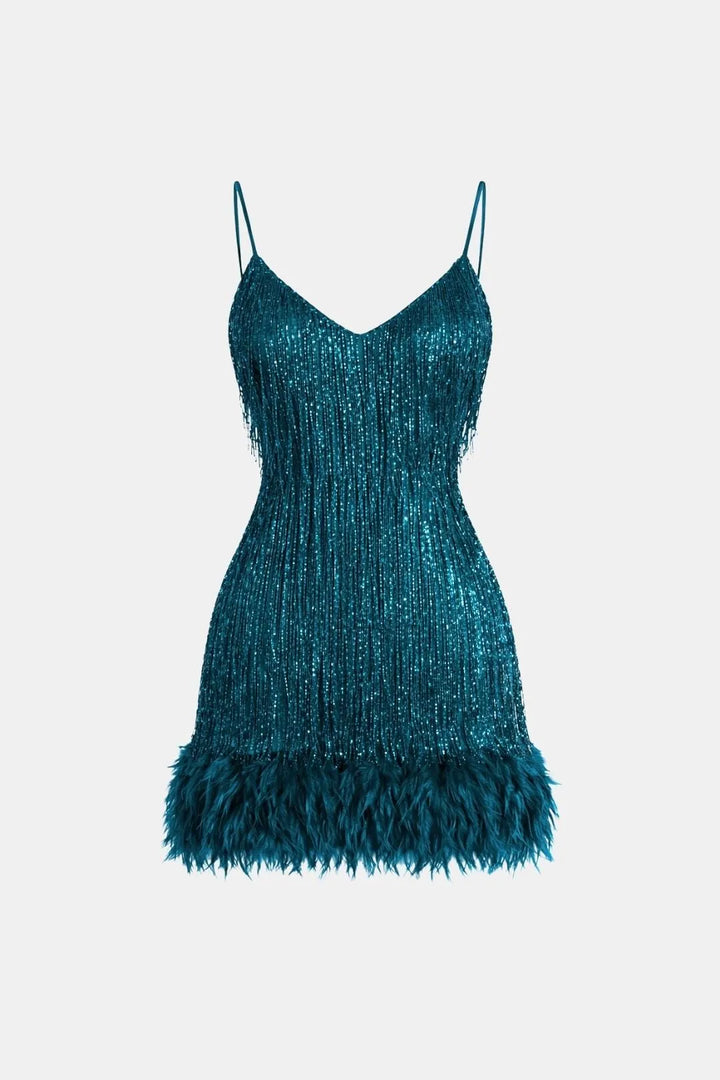 Women's Sequin Mini Cocktail Dress with Feather Trim