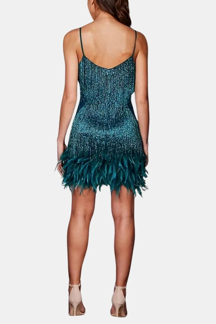 Women's Sequin Mini Cocktail Dress with Feather Trim