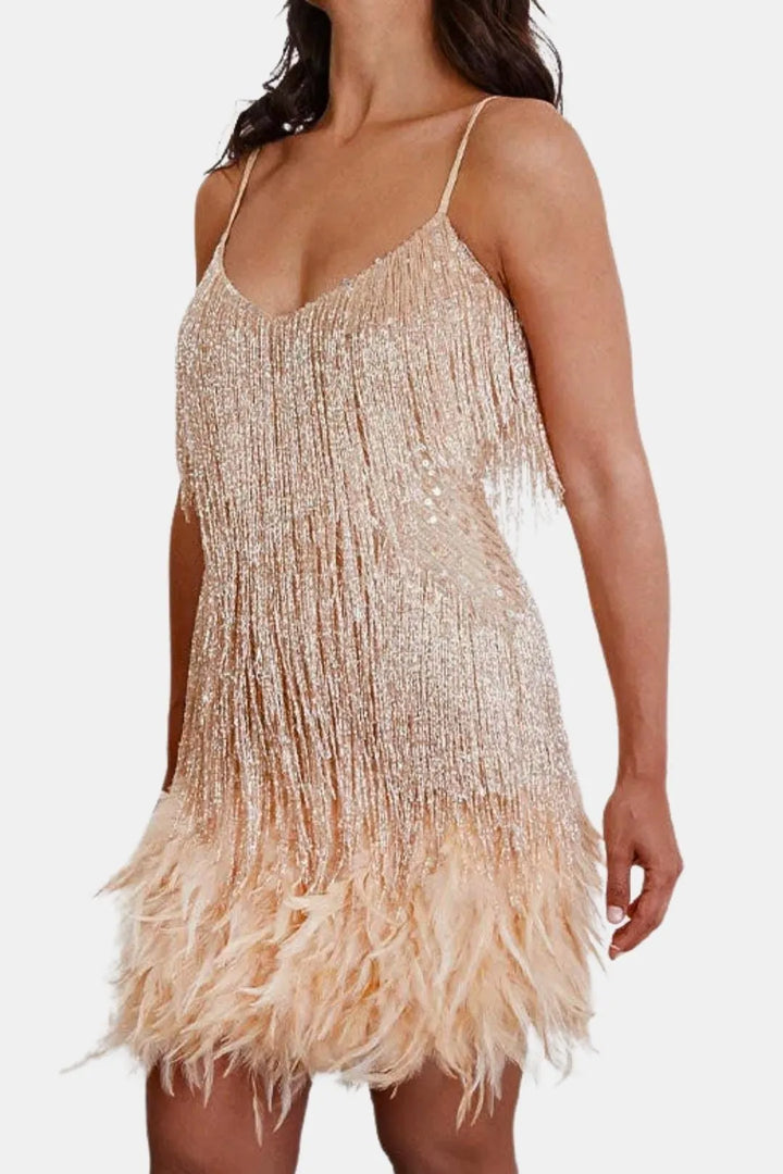 Women's Sequin Mini Cocktail Dress with Feather Trim