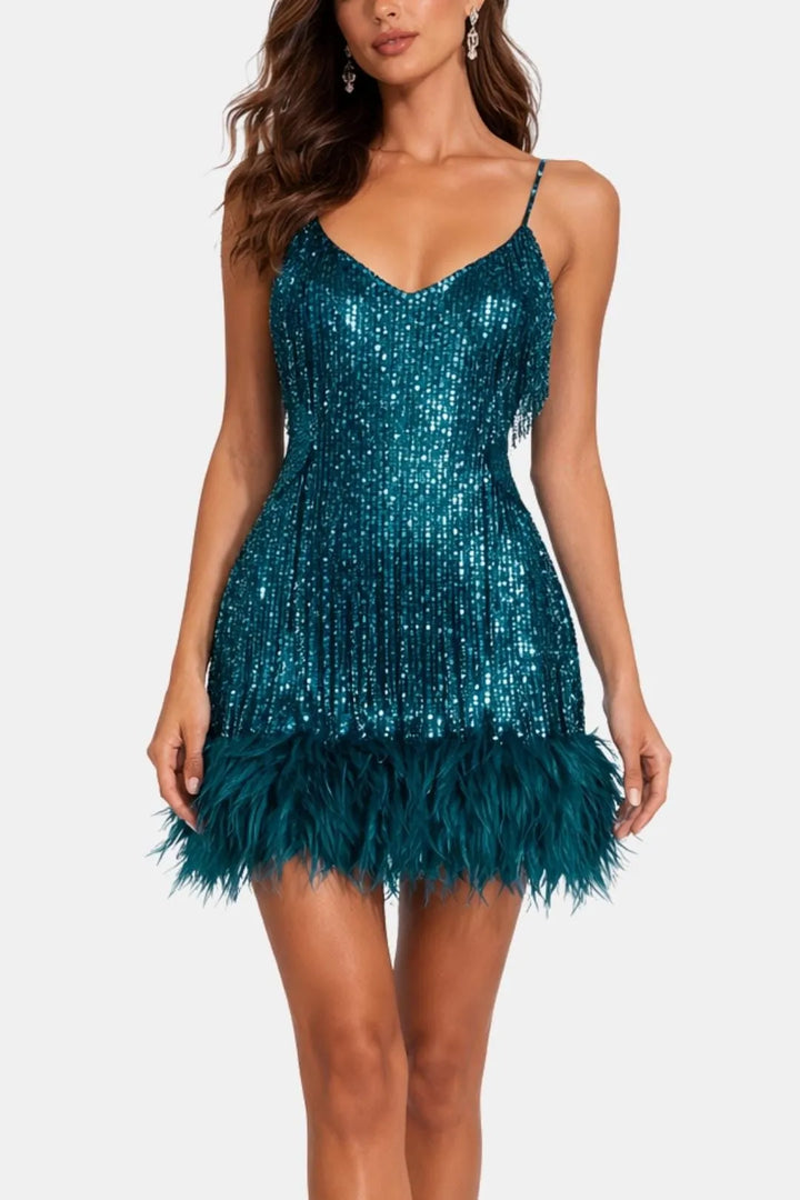 Women's Sequin Mini Cocktail Dress with Feather Trim