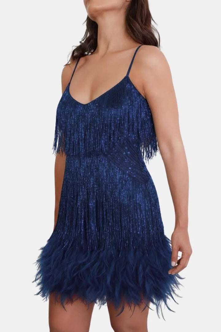Women's Sequin Mini Cocktail Dress with Feather Trim