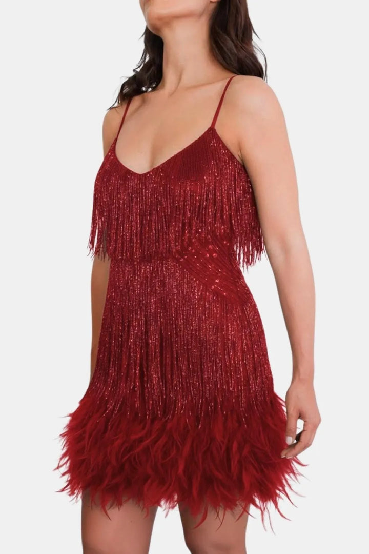 Women's Sequin Mini Cocktail Dress with Feather Trim