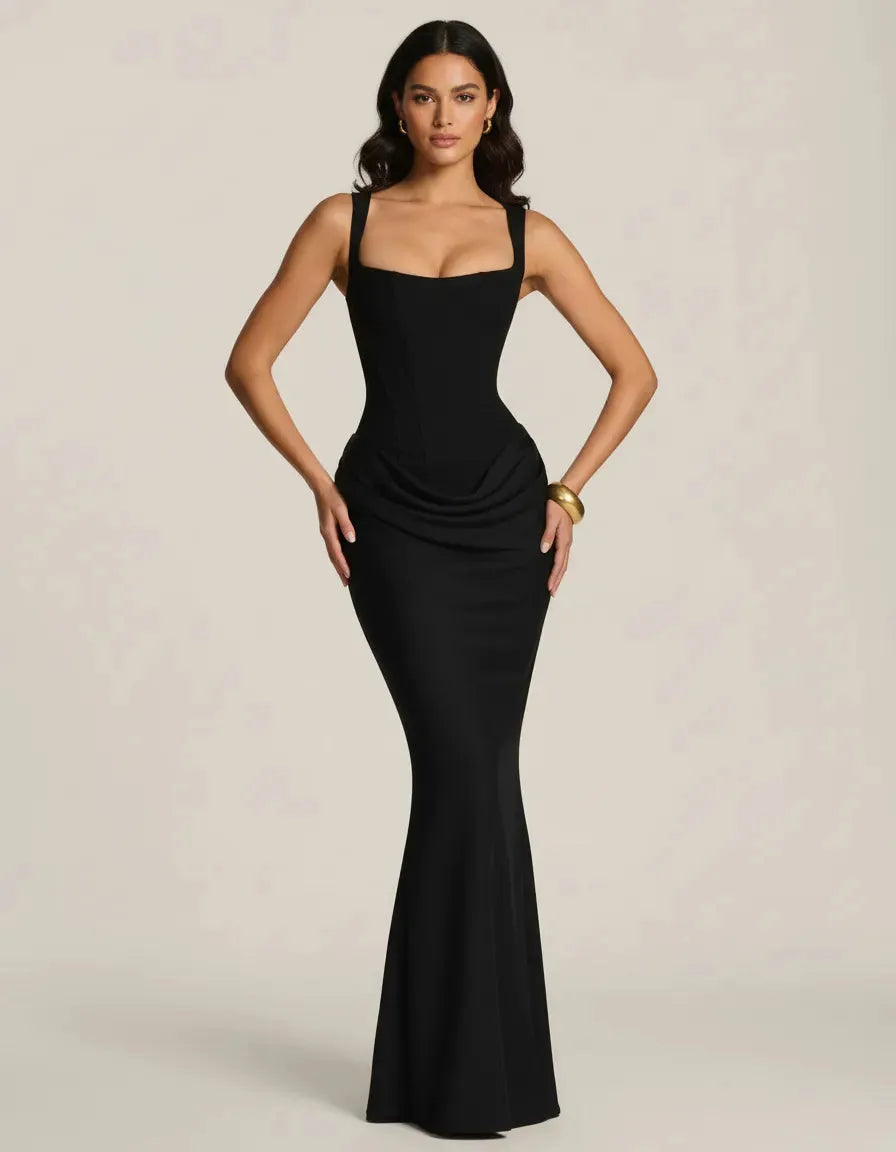 Women's Sleeveless Elegant Maxi Wedding Guest Dress with Square Neck