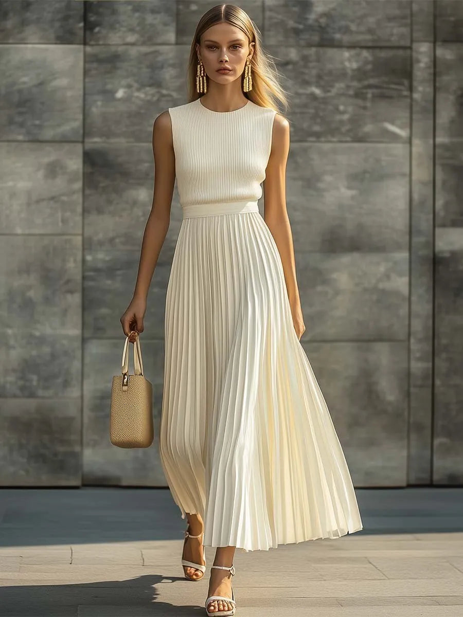 Women's Sleeveless Pleated Maxi Wedding Guest Dress with Round Neckline