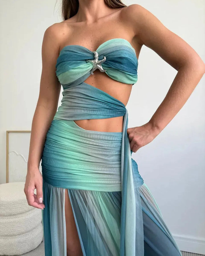Women's Strapless A-line Maxi Wedding Guest Dress with Cut-Out Detail