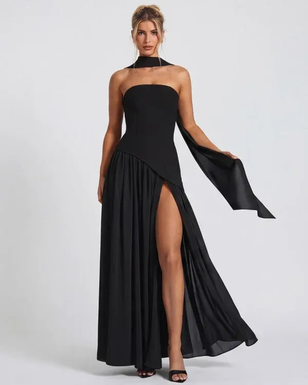 Women's Strapless Flowy Maxi Wedding Guest Dress with Slit