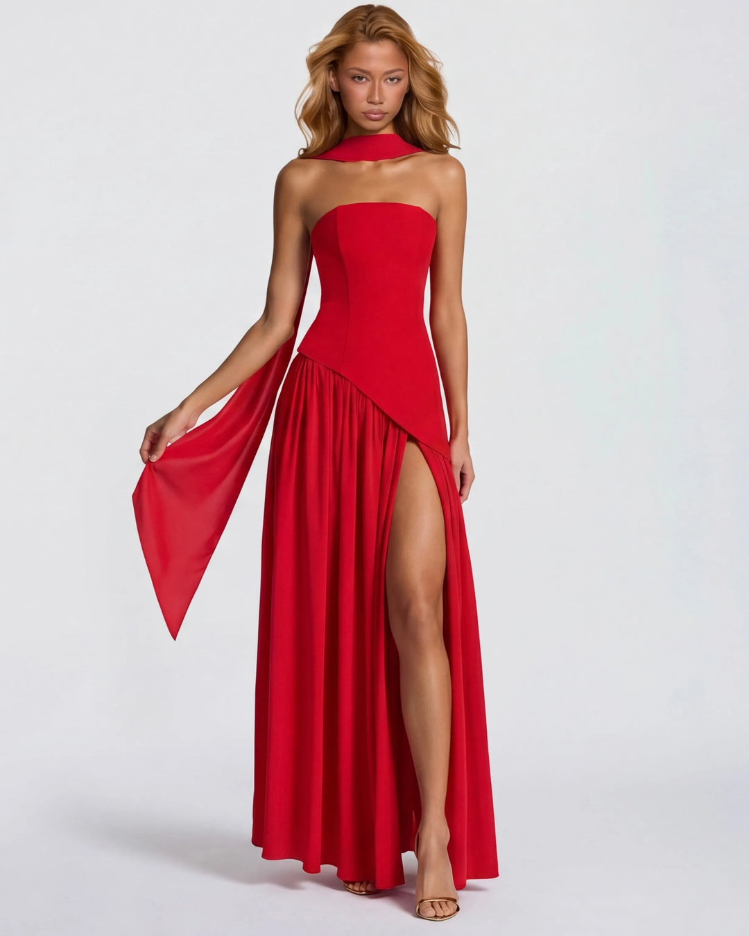 Women's Strapless Flowy Maxi Wedding Guest Dress with Slit