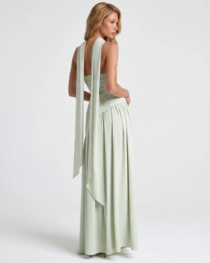 Women's Strapless Flowy Maxi Wedding Guest Dress with Slit