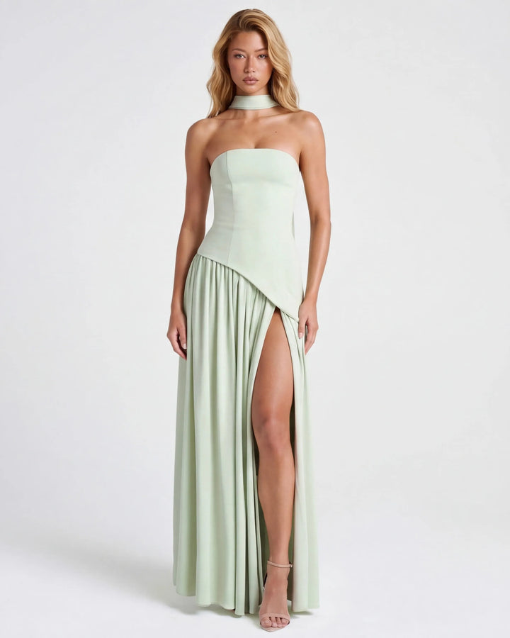 Women's Strapless Flowy Maxi Wedding Guest Dress with Slit