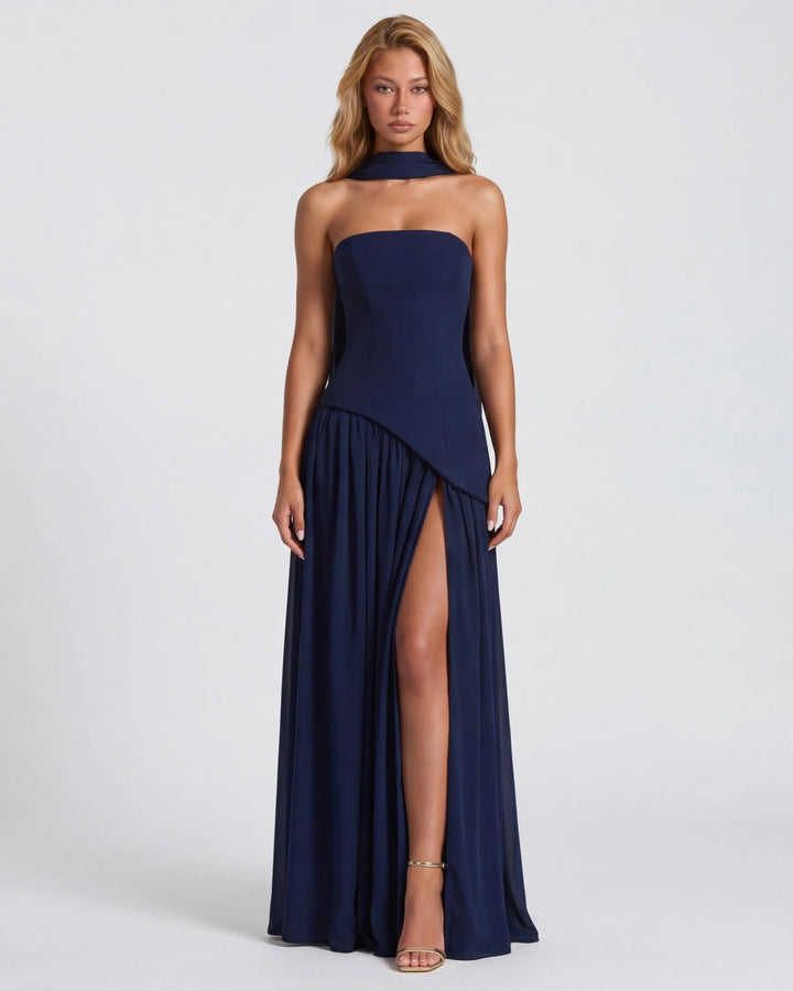 Women's Strapless Flowy Maxi Wedding Guest Dress with Slit