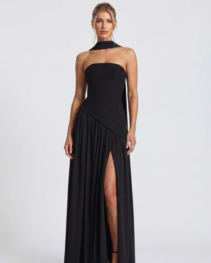 Women's Strapless Flowy Maxi Wedding Guest Dress with Slit