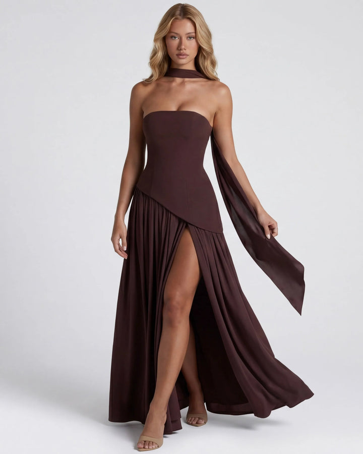Women's Strapless Flowy Maxi Wedding Guest Dress with Slit