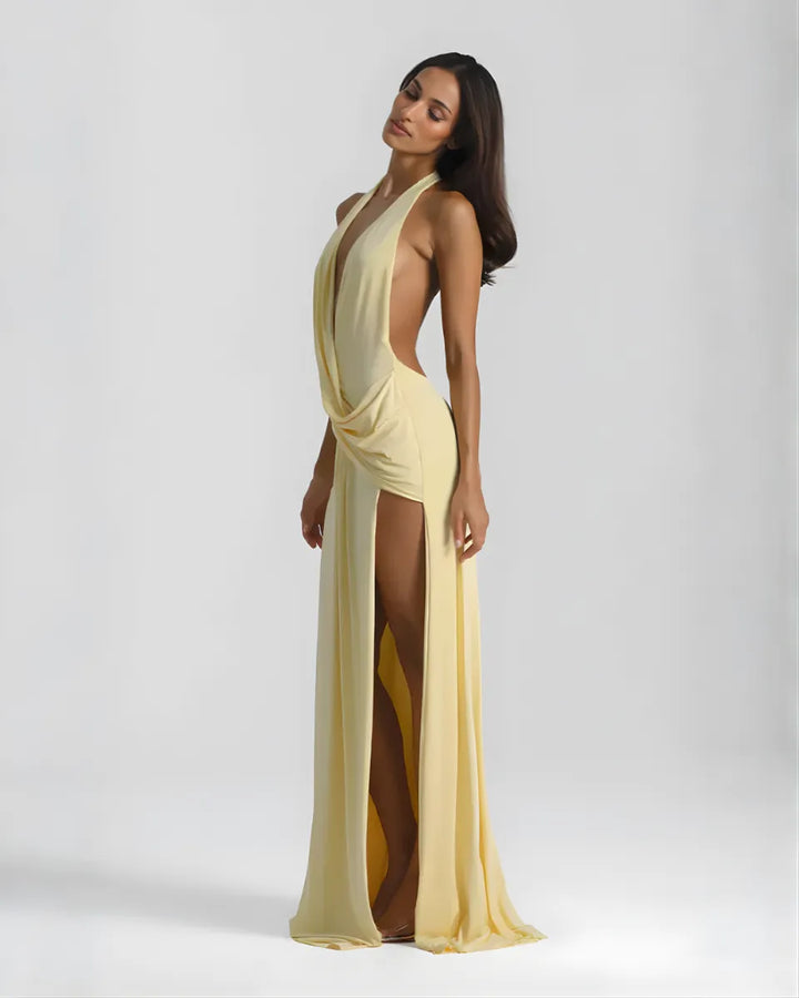 Women's Halter Flowy Back Maxi Wedding Guest Dress with Slit