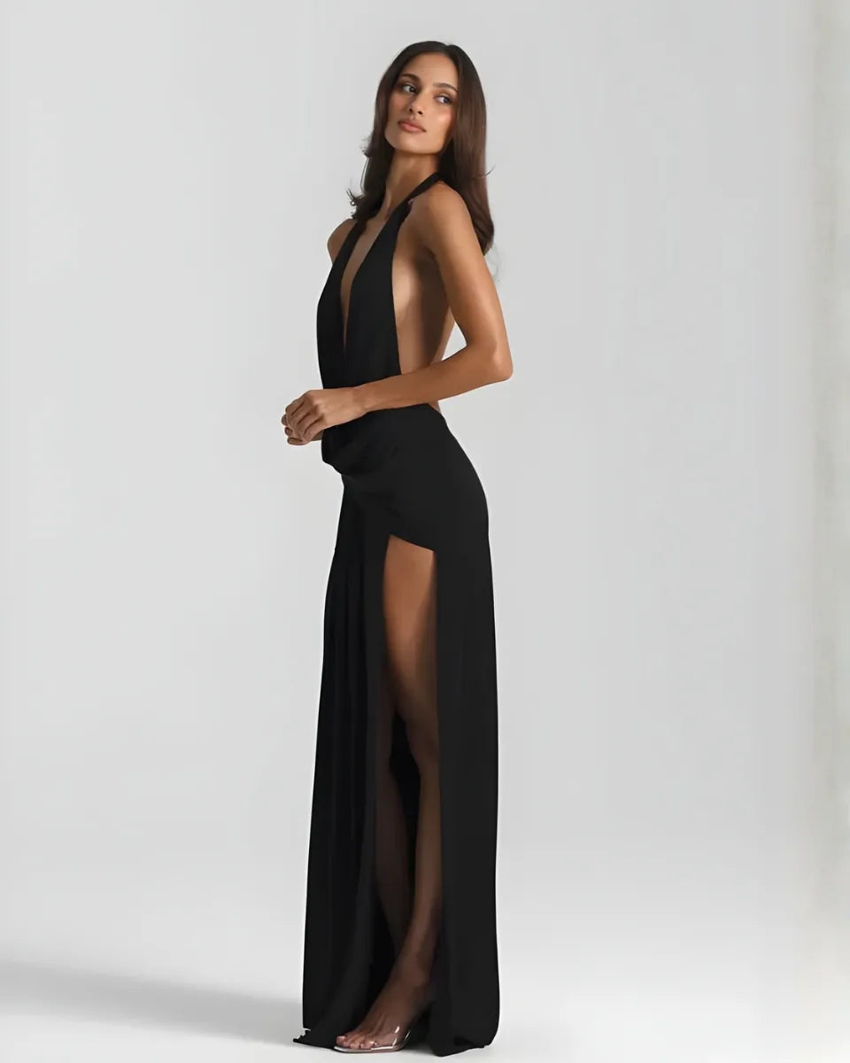 Women's Halter Flowy Back Maxi Wedding Guest Dress with Slit