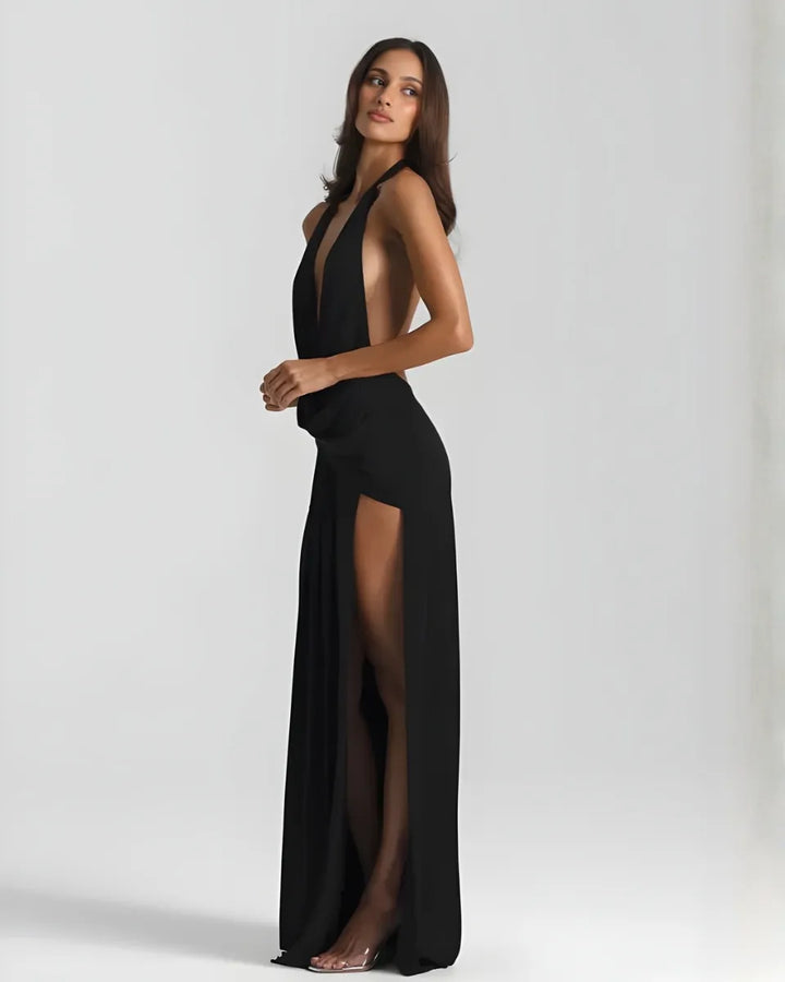 Women's Halter Flowy Back Maxi Wedding Guest Dress with Slit