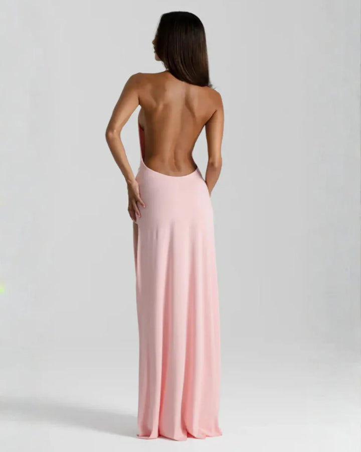 Women's Halter Flowy Back Maxi Wedding Guest Dress with Slit
