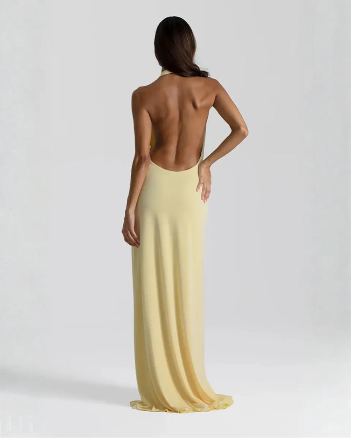 Women's Halter Flowy Back Maxi Wedding Guest Dress with Slit