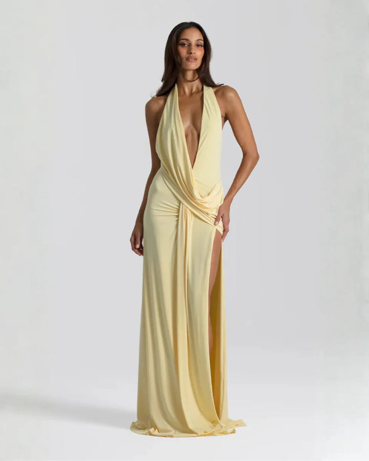 Women's Halter Flowy Back Maxi Wedding Guest Dress with Slit