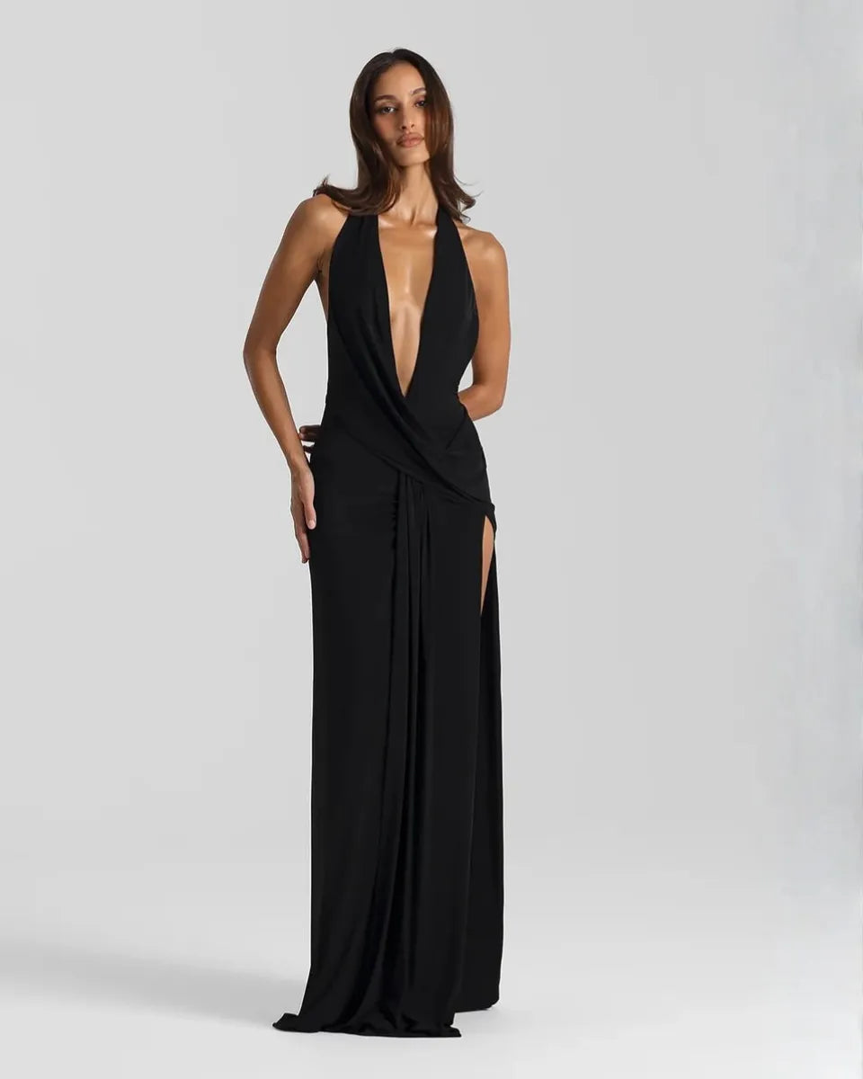 Women's Halter Flowy Back Maxi Wedding Guest Dress with Slit