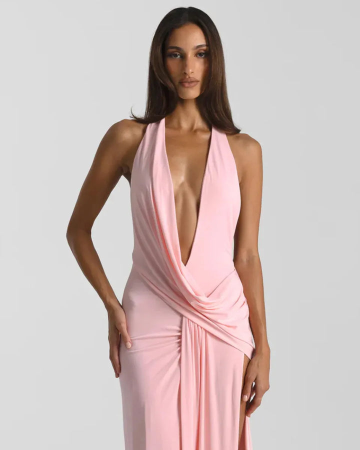 Women's Halter Flowy Back Maxi Wedding Guest Dress with Slit