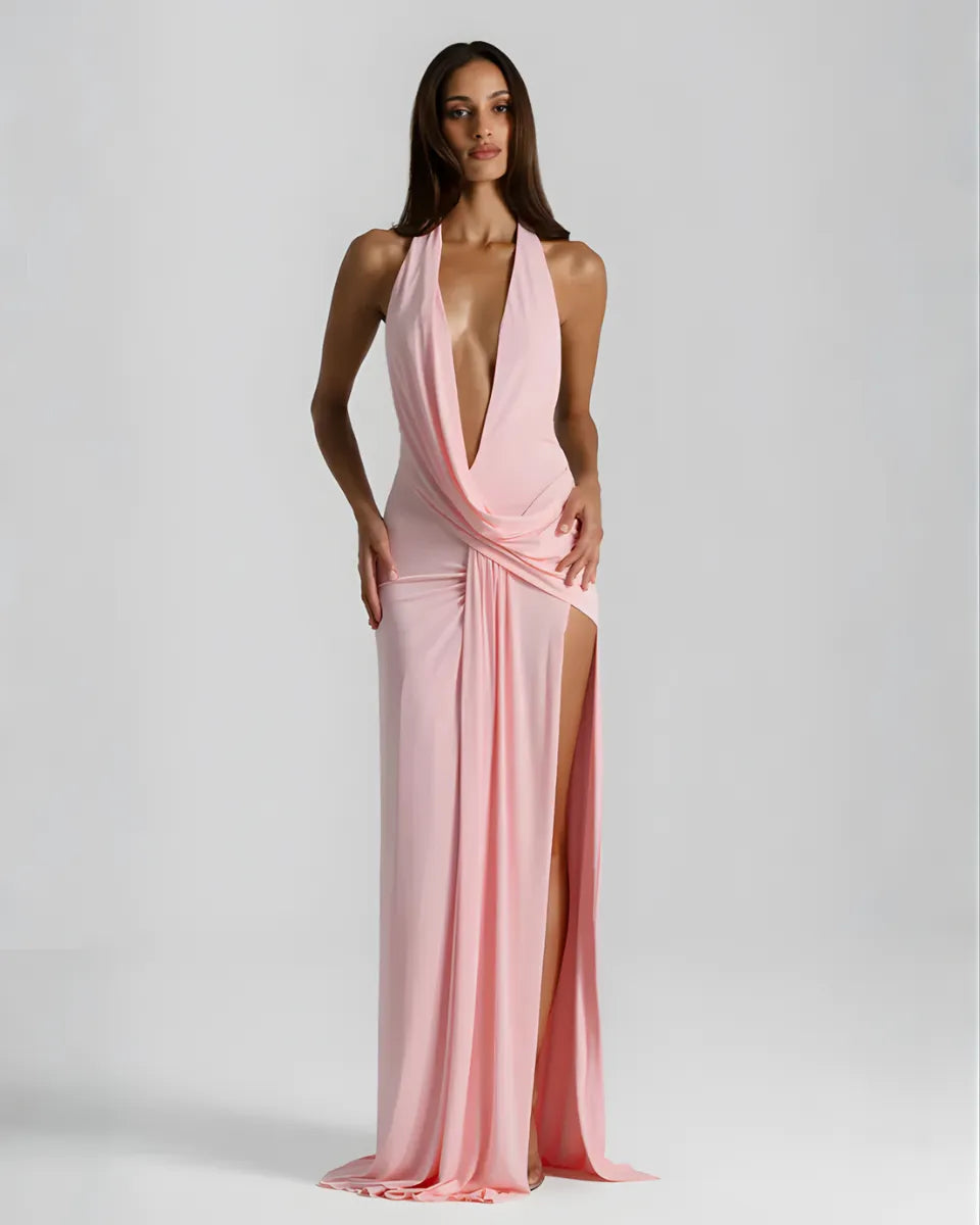 Women's Halter Flowy Back Maxi Wedding Guest Dress with Slit
