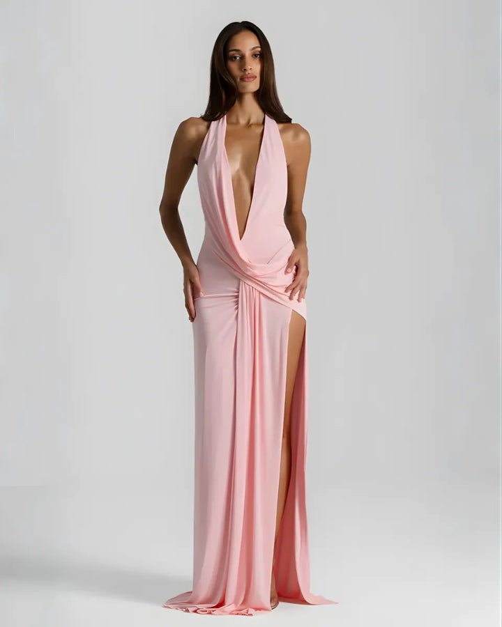 Women's Halter Flowy Back Maxi Wedding Guest Dress with Slit