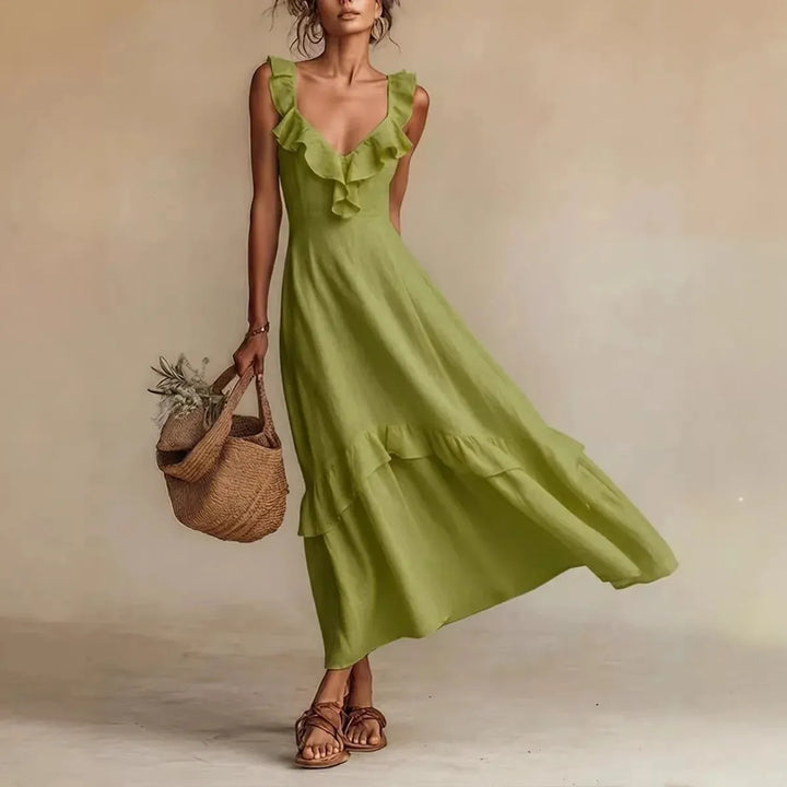 Women's V-Neck Summer Maxi Wedding Guest Dresses with Ruffle Detail